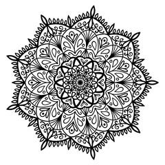 Hand drawn mandala with floral elements for coloring book, anti stress therapy pattern, black outline, vector