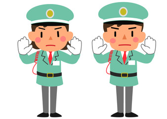 止まるように合図する警備員の女性と男性
