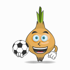 The Garlic mascot character becomes a soccer player. vector illustration