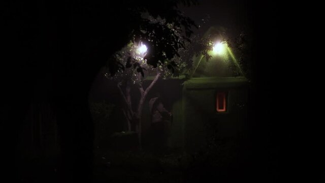 Fairy house and strange man.
The man opens the door of a small green house.