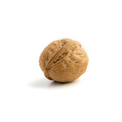 Single ripe whole walnut isolated on a white background. Nut macro. Healthy food concept. Beautiful organic nut. Vegetarian food. Square photo.
