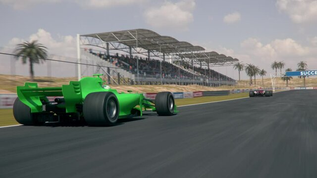 Green generic formula one race car is chasing the red leading car - rearview camera - realistic high quality 3d animation - my own car design - no copyright/trademark infringement
