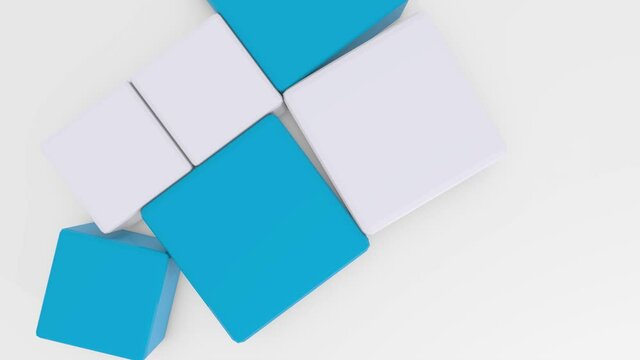 3d animation, white and blue cubes with elasticity effect on white background	
