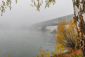Eisenbahnbrücke in Mainz an einem nebligen Herbstmorgen