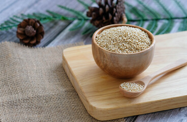 Close up Quinoa in wooden bowl
