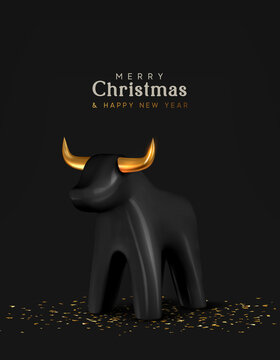 Christmas and New Year background. Porcelain black bull symbol of 2021. Holiday Greeting card, banner, poster. Vector illustration