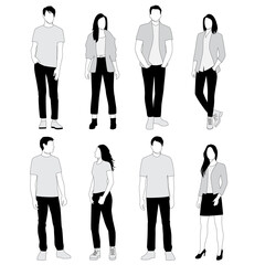 Vector silhouettes of  men and a women, a group of standing  business people,  linear sketch, black, gray and white color isolated on white background