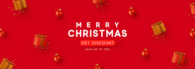 Obraz na płótnie Canvas Christmas and New Year holiday. Red Background with realistic gift box, bauble decor balls. Greeting card, banner, horizontal poster, website for header. Xmas decorative. Get discount, Sale up to 70%.