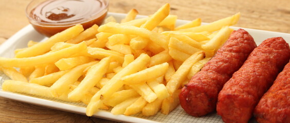 delicious french fries with cevapcici rolls and dip