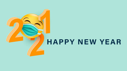 Happy New Year 2021.3d number with a smiling yellow face in a medical mask. Festive postcard. Vector