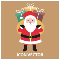 Christmas cartoon illustration isolated on color background. Cute happy Santa character with bag gifts. Good for Christmas cards, banners, tags and labels.