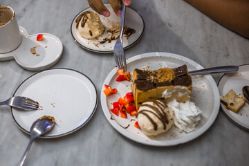 Blurred background view Of the dessert menu (Honey Toast) that contains ice cream, whipped cream, sour fruit like strawberries to be decorated and served to the customer.