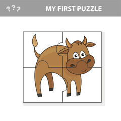 My first puzzle. Cartoon Vector Illustration of Educational Jigsaw Puzzle Activity Game for Children with Bull