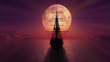 old ship in the night full moon illustration