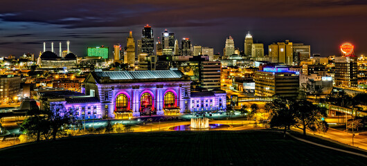 Night city skyline of Kansas City Missouri with Union Station in the foreground