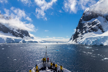 View from a cruise ship to snowcaped mountains near the Antarctica continent - Antarctica