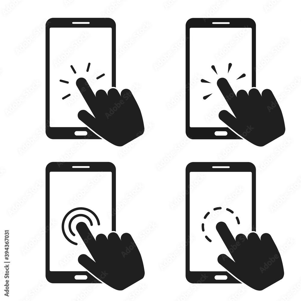 Poster hand touch screen smartphone icon. smartphone screen with clicking finger. cursor icon vector. hand 