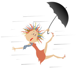 Strong wind, rain and woman with umbrella illustration. Cartoon frightened woman with umbrella gone with the wind isolated on white illustration 