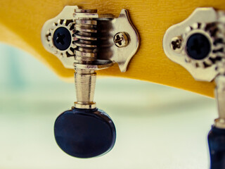 Ukulele. Musical instrument. Soundboard and tuners.