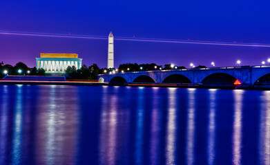 Washington DC cityscape - Abraham Lincoln Memorial, Washington Monument and Arlington Bridge on Potomac River - Washington DC United States of America