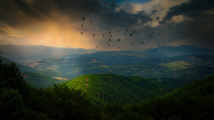 Fototapeta na wymiar Beautiful sunset in the mountains and birds flying high.