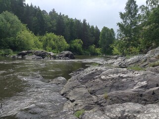 Summer landscape - green trees, forest, grass, big gray rock, mountain, river, and blue sky, ecology and health 