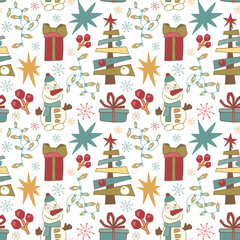 Christmas vector seamless pattern with gift boxes and snowflakes on red background. New year vector design. Wrapping paper for Christmas gift boxes