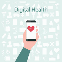 Touch phone in hand, heart, pulse, medicine and pharmacology symbols icons. Illustration, vector. Digital Health. Modern and future technologies. Mobile app. Medical banner, web design, presentation.