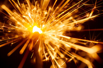 Sparks from Christmas sparklers on black background, big bang, fire and danger, selective focus,...
