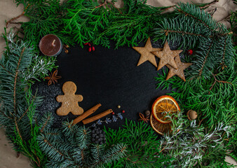  Christmas and New Year compositions on a black background, cones, spruce, gingerbread. Copy space, flat lay, top point