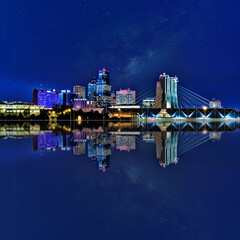 A skyline view of Kansas City over the Missouri River with reflections on the water.