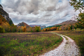 autumn landscape with mountains and sky ,forêt de Saou, Drôme department, France.