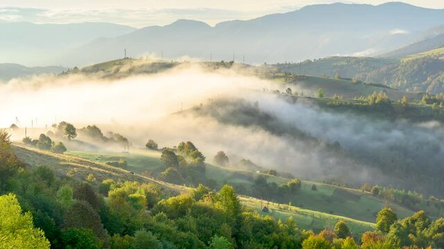 Time laps Beautiful morning fog in the Mountains. Forest landscape with cloud and fog.