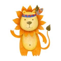 Watercolor drawing of boho lion isolated on white background.