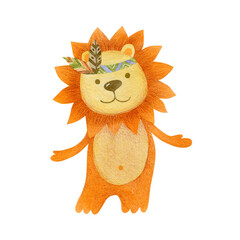 Watercolor drawing of boho lion isolated on white background.