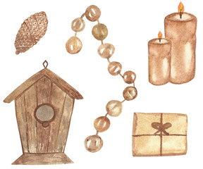 Watercolor hand painted nature winter holiday design elements set with brown wooden birdhouse, pine cone, two candles, craft packing gift and balls beads collection isolated on the white background