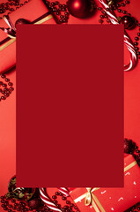 Obraz premium Christmas template for graphic design, Christmas gifts and decorations on red background