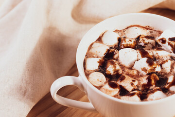 tasty sweet hot chocolate in a cup and mini marshmallows