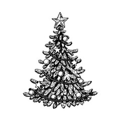 Hand drawn decorated Christmas tree isolated on white background. Design element for Christmas cards, invitations, decorations. Vector illustration in sketch style