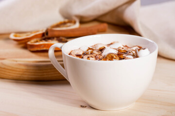 tasty sweet hot chocolate in a cup and mini marshmallows