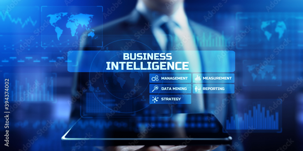 Poster business intelligence big data analytics dashboard on virtual screen.