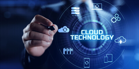 Fototapeta na wymiar Cloud icon download technology computing networking internet concept on vr screen.