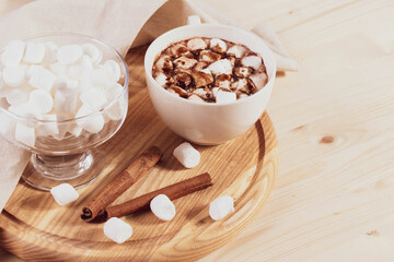 tasty sweet hot chocolate in a cup and mini marshmallows