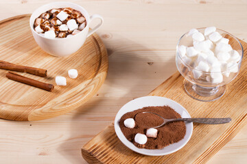 tasty sweet hot chocolate in a cup and mini marshmallows
