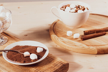 tasty sweet hot chocolate in a cup and mini marshmallows