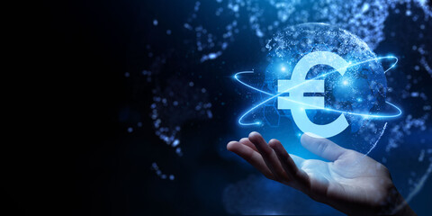 Euro sign on virtual screen. Online banking currencies exchange financial concept.