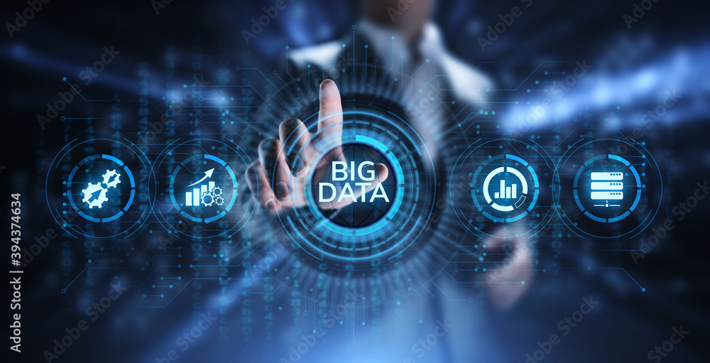 Poster big data analytics technology internet technology concept. businessman pressing button on virtual sc