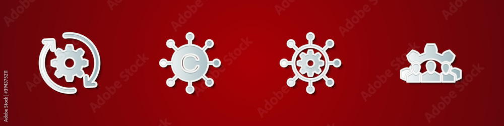 Poster set gear and arrows as workflow, copywriting network, project management and team base icon. vector.