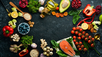 Balanced diet: vegetables, fruits, nuts and other dietary foods. Top view. Free copy space.