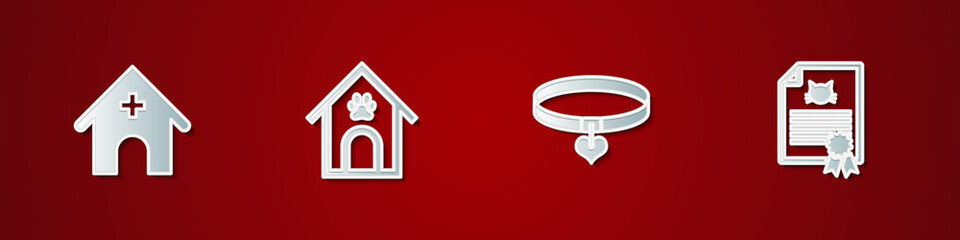 Set Veterinary medicine hospital, Dog house and paw print pet, Collar heart and Certificate for dog or cat icon. Vector.